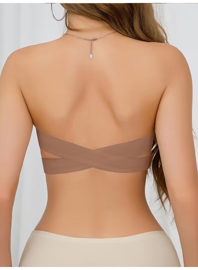 Zeemey Brown Wireless Bandeau Bralette with Side Closure, Sexy Strapless Nylon Knit Fabric - Removable Padding, Cross Strap Detail, Solid Color Stretch - Image 4